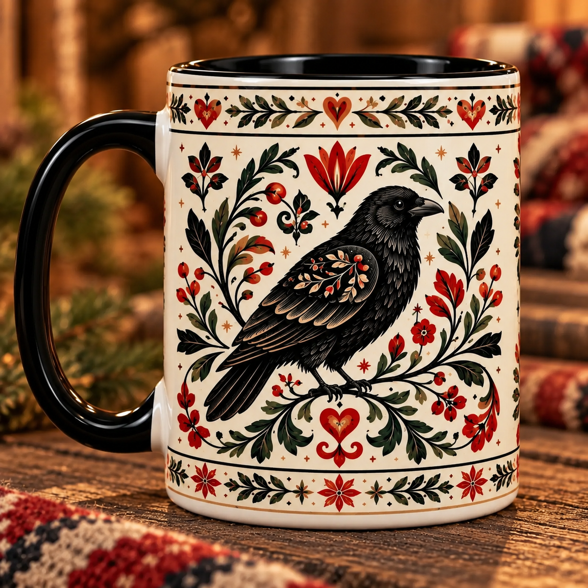 Nordic Folk Art Raven Ceramic Mug, Vintage Raven Coffee Mug, Scandinavian Botanical Raven Cup