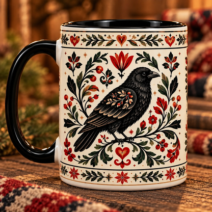 Nordic Folk Art Raven Ceramic Mug, Vintage Raven Coffee Mug, Scandinavian Botanical Raven Cup