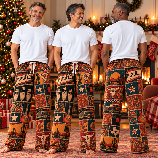 ZZ Top Patchwork Pajama Pants - Vintage Texas Blues Rock Art & Hot Rod Coupe Lounge Pants with Elastic Waistband, Adjustable Drawstring & Two Side Pockets