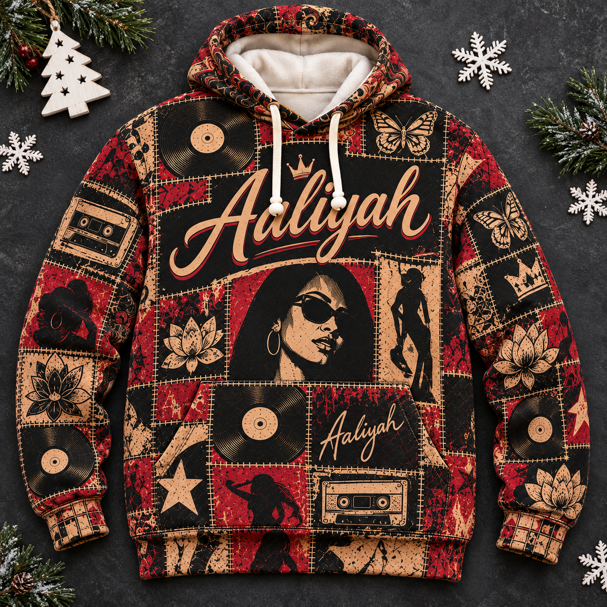 Aaliyah Patchwork Hoodie – Vintage 90s R&B Singer Graphic Pullover, Retro Hip Hop Music Hoodie, Aaliyah Memorial Fan Gift