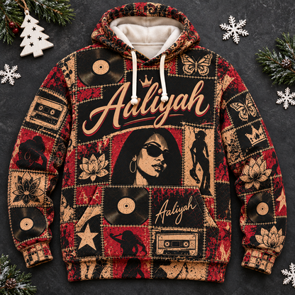 Aaliyah Patchwork Hoodie – Vintage 90s R&B Singer Graphic Pullover, Retro Hip Hop Music Hoodie, Aaliyah Memorial Fan Gift