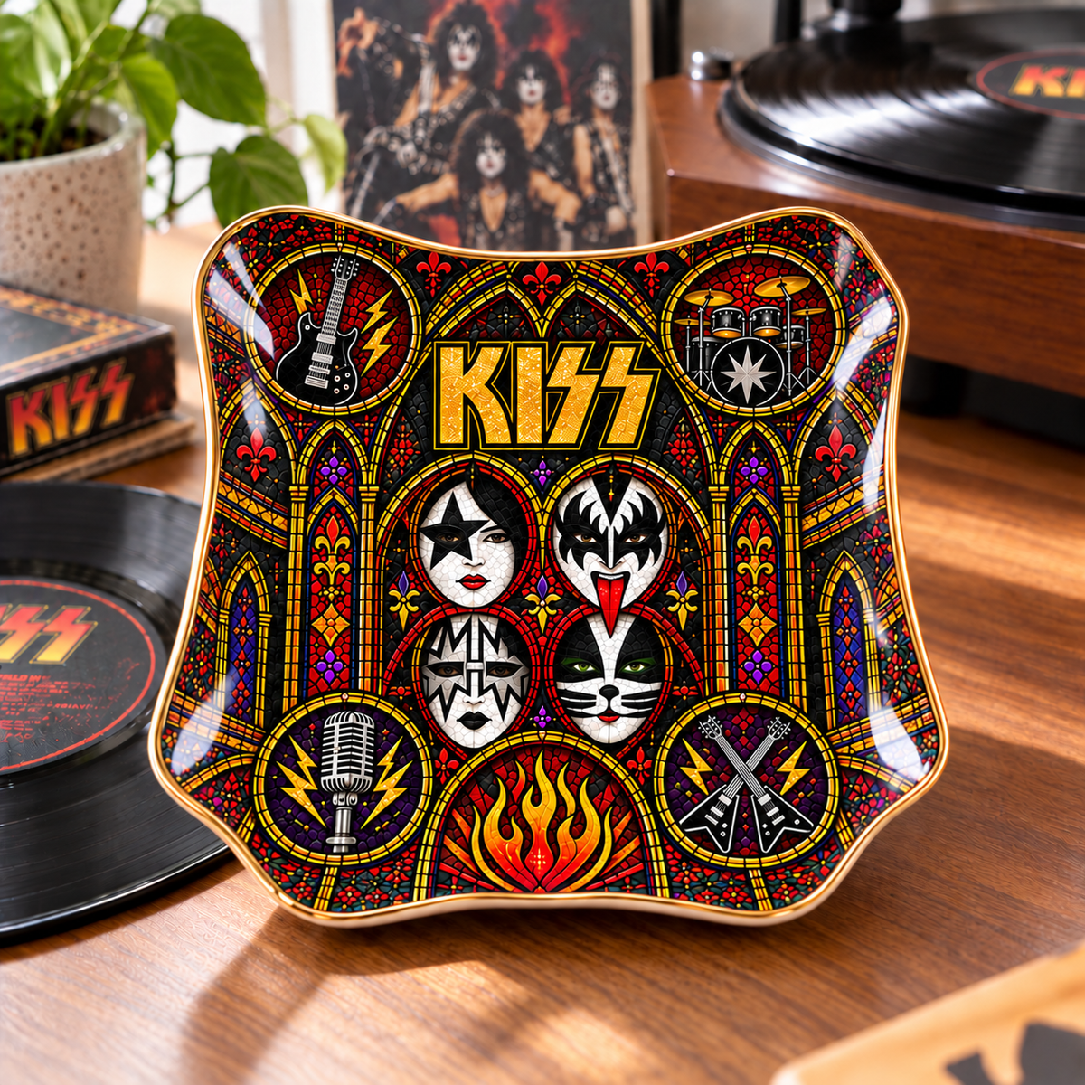 KISS Band Mexican Folk Art Ceramic Jewelry Dish - Face Paint Makeup & Flames Ring Tray - Hard Rock Fan Unique Collectible