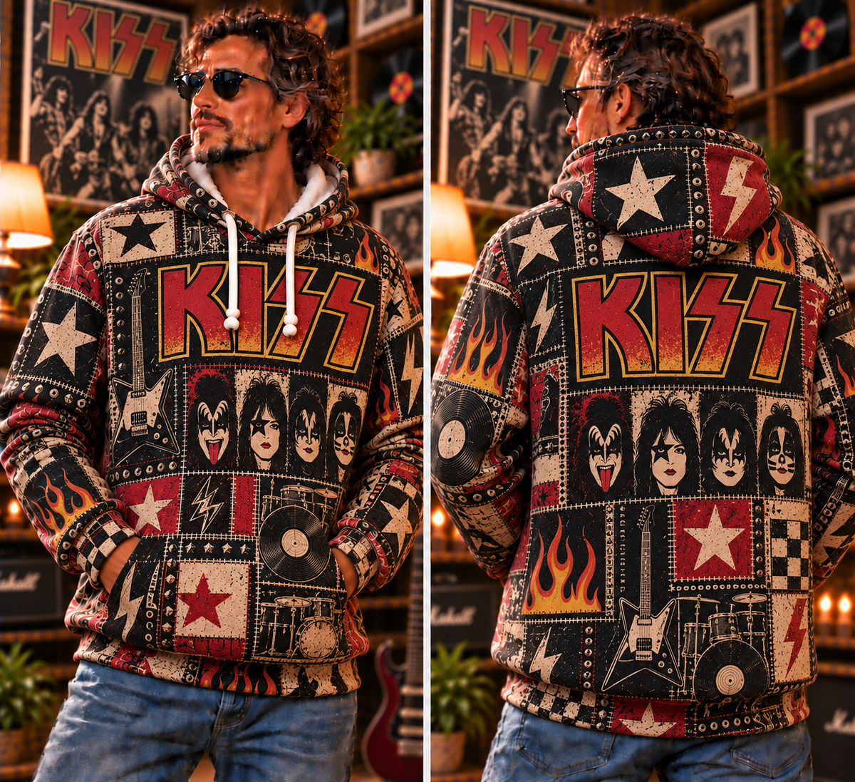 KISS Patchwork Hoodie – Vintage Rock Band Graphic Pullover, Retro 70s Hard Rock Flame & Lightning Design, KISS Army Fan Gift, Unisex Sweatshirt