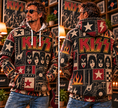 KISS Patchwork Hoodie – Vintage Rock Band Graphic Pullover, Retro 70s Hard Rock Flame & Lightning Design, KISS Army Fan Gift, Unisex Sweatshirt