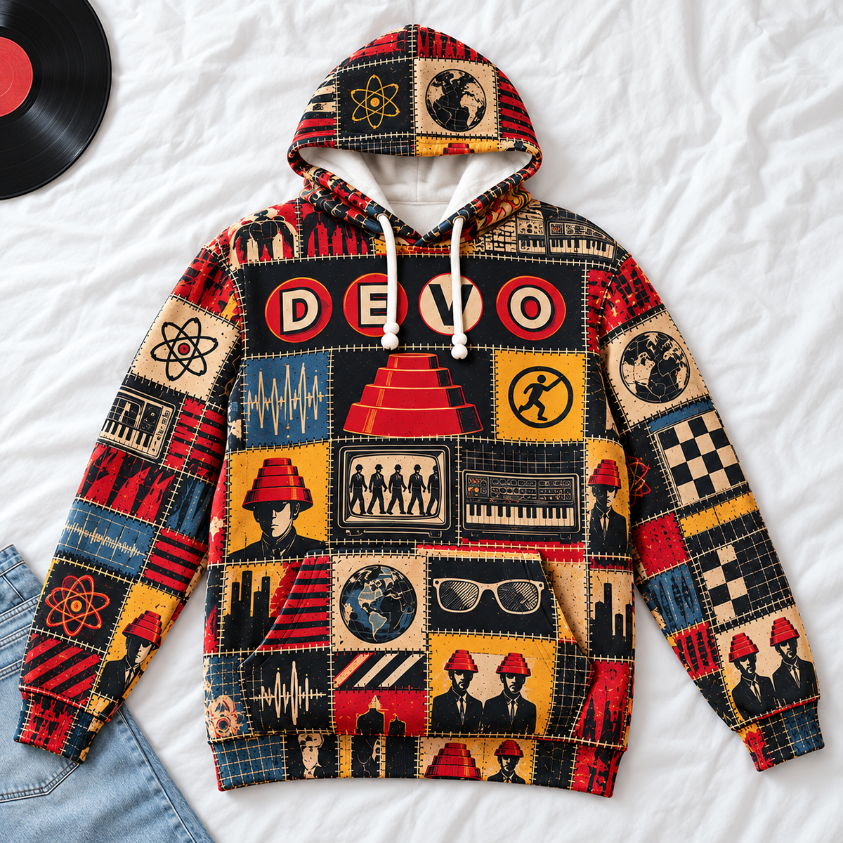 DEVO Patchwork Hoodie – Vintage New Wave Band Graphic Pullover, Retro 80s Synth Rock Hoodie, DEVO Fan Gift