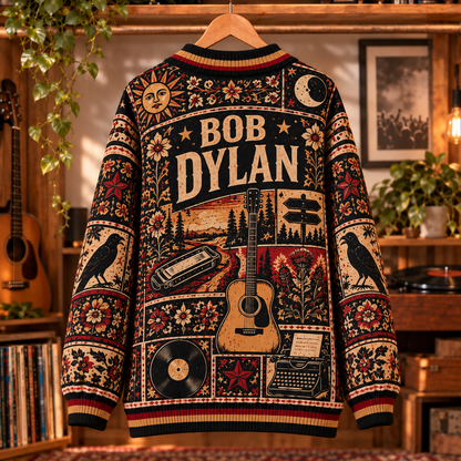 Bob Dylan Retro Graphic Cardigan - Vintage Folk Singer Knit Outerwear, Music Icon Fan Apparel & Fashion Style Gift