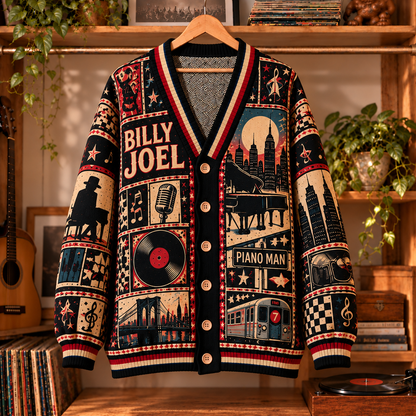 Billy Joel Retro Graphic Cardigan - Vintage Singer Knit Outerwear, Piano Man Fan Apparel & Fashion Style Gift