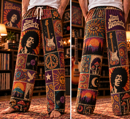 Jimi Hendrix Pajama Pants - Patchwork Psychedelic Rock Art Sleepwear | Music Fan Lounge Pants