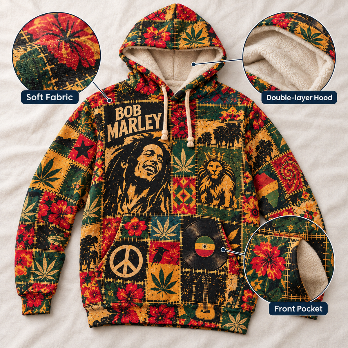 Bob Marley Patchwork Sherpa Hoodie – Vintage Reggae Pullover, Rasta Floral Graphic Hoodie, Soft Fleece, Bob Marley Fan Gift