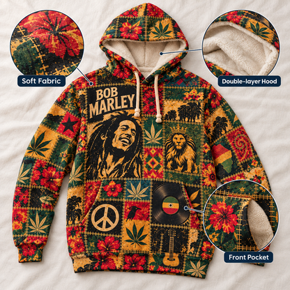 Bob Marley Patchwork Sherpa Hoodie – Vintage Reggae Pullover, Rasta Floral Graphic Hoodie, Soft Fleece, Bob Marley Fan Gift