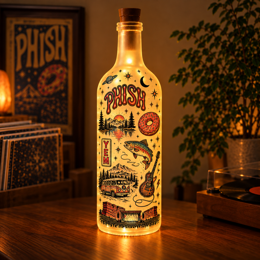 Phish Vintage Lighted Bottle Lamp - Premium Jam Band Music Merchandise, Donut Pattern & YEM LED Fairy Light Up Bottle Night Light Decor Gift