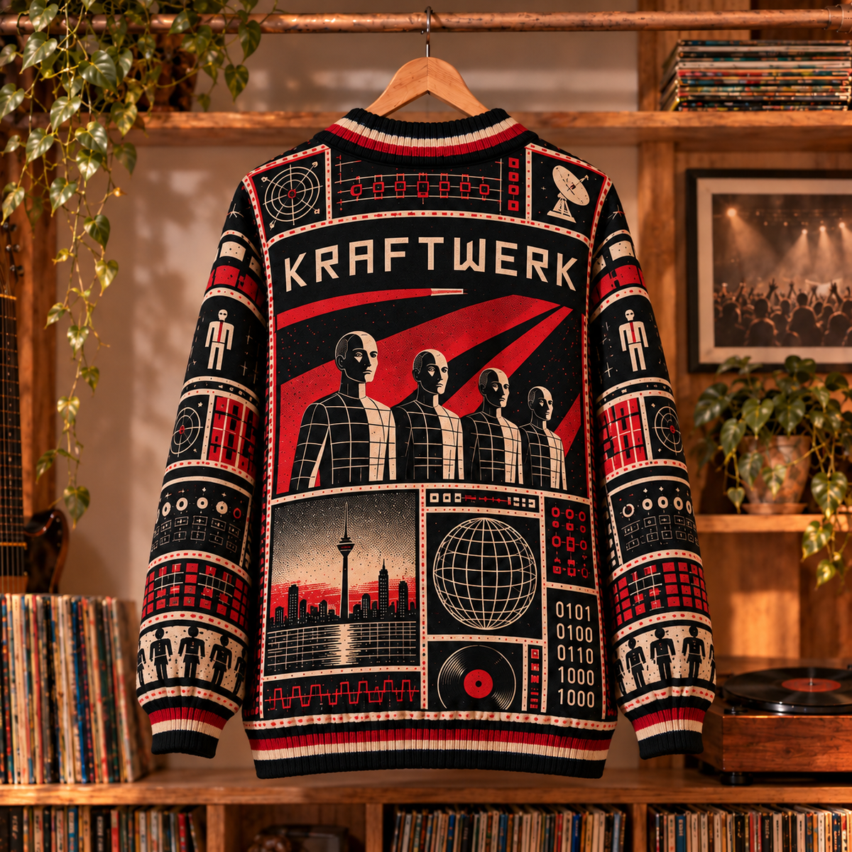 Kraftwerk Retro Graphic Cardigan - Vintage Electronic Band Knit Outerwear, Synth Pop Fan Apparel & Fashion Style Gift