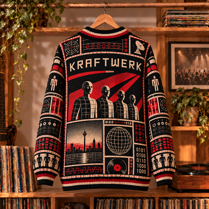 Kraftwerk Retro Graphic Cardigan - Vintage Electronic Band Knit Outerwear, Synth Pop Fan Apparel & Fashion Style Gift