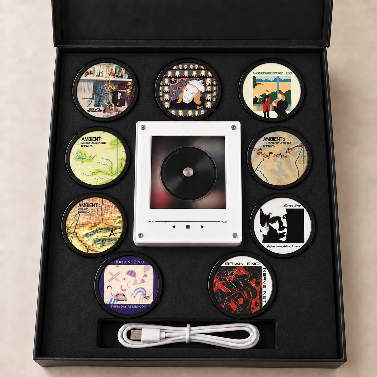 Brian Eno MagTune Mini CD Player Light Box - Album Art Disc Night Light & Music Decor Display, USB Backlit Ambient Music Collector Fan Gift