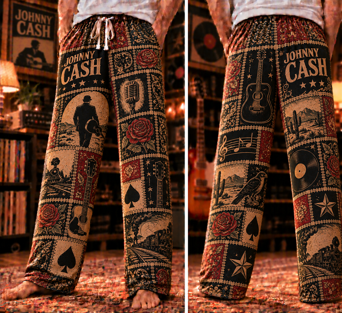 Johnny Cash Pajama Pants - Patchwork Country Rock Art Sleepwear | Comfortable Music Fan Lounge Pants