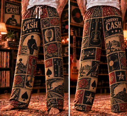 Johnny Cash Pajama Pants - Patchwork Country Rock Art Sleepwear | Comfortable Music Fan Lounge Pants