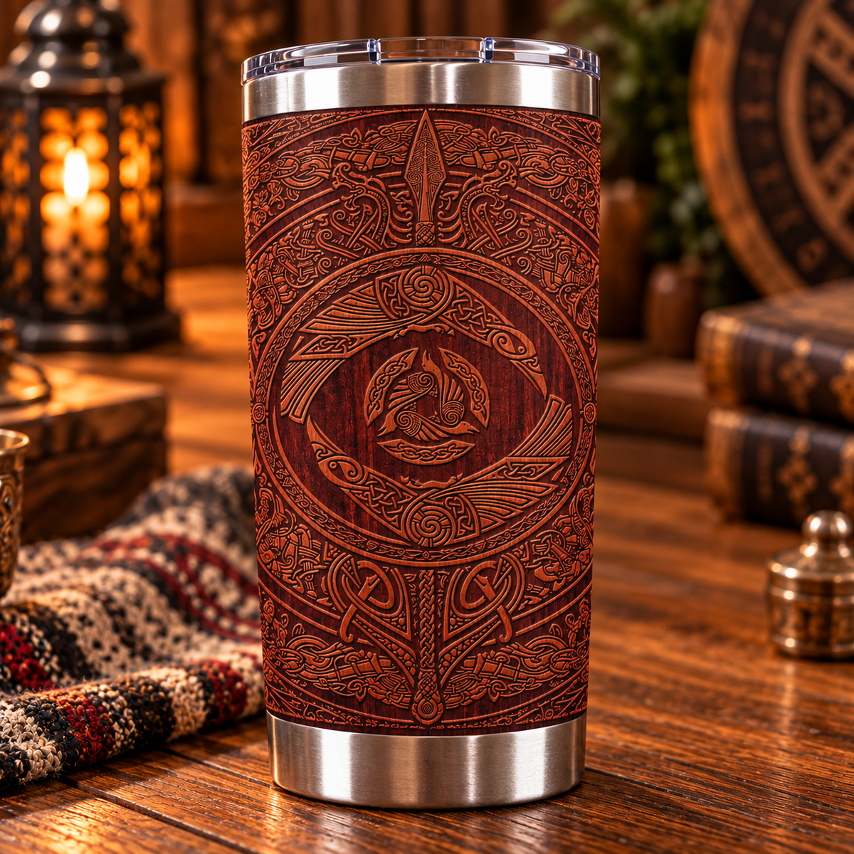 Norse Mythology Odin Ravens & Triskele Stainless Steel Tumbler - Carved Wood Effect Travel Cup with Lid