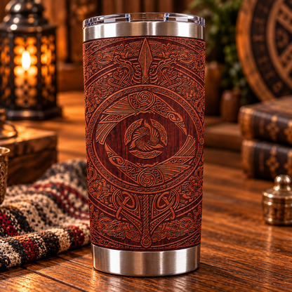 Norse Mythology Odin Ravens & Triskele Stainless Steel Tumbler - Carved Wood Effect Travel Cup with Lid