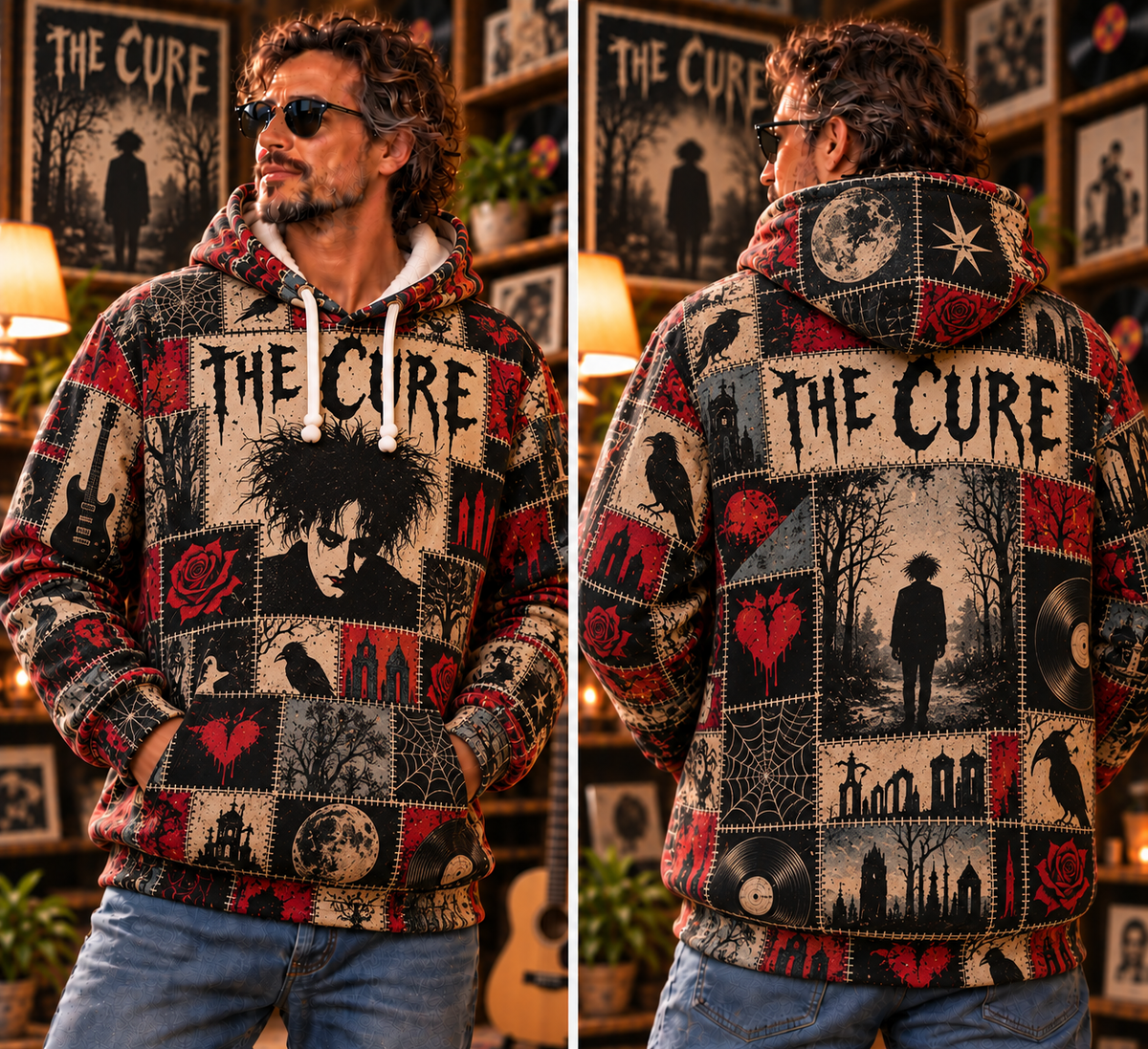 The Cure Patchwork Hoodie – Vintage Gothic Rock Graphic Pullover, Robert Smith Portrait & Dark Romantic Design, Retro 80s Post-Punk Sweatshirt