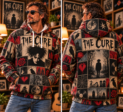 The Cure Patchwork Hoodie – Vintage Gothic Rock Graphic Pullover, Robert Smith Portrait & Dark Romantic Design, Retro 80s Post-Punk Sweatshirt