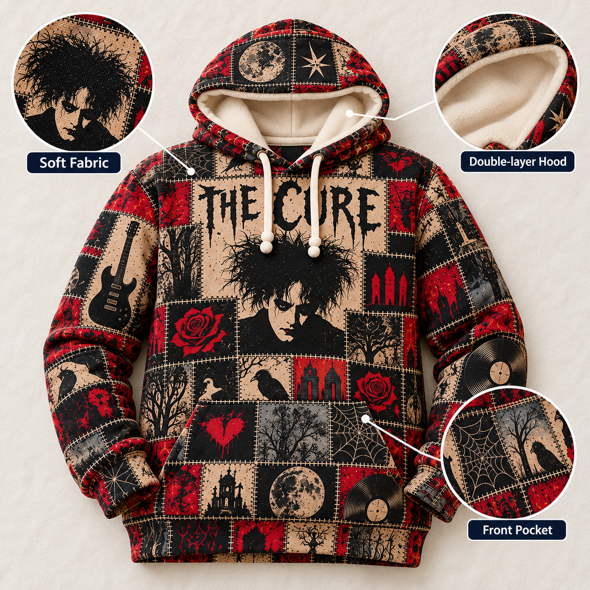 The Cure Patchwork Hoodie – Vintage Gothic Rock Graphic Pullover, Robert Smith Portrait & Dark Romantic Design, Retro 80s Post-Punk Sweatshirt