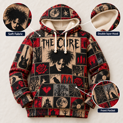 The Cure Patchwork Hoodie – Vintage Gothic Rock Graphic Pullover, Robert Smith Portrait & Dark Romantic Design, Retro 80s Post-Punk Sweatshirt