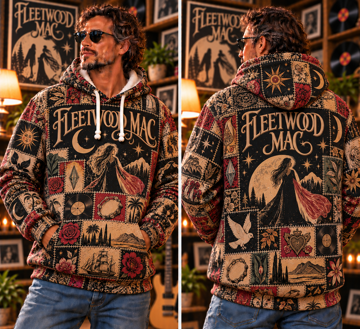 Fleetwood Mac Patchwork Hoodie – Vintage 70s Rock Band Graphic Pullover, Retro Boho Floral Hoodie, Fleetwood Mac Fan Gift