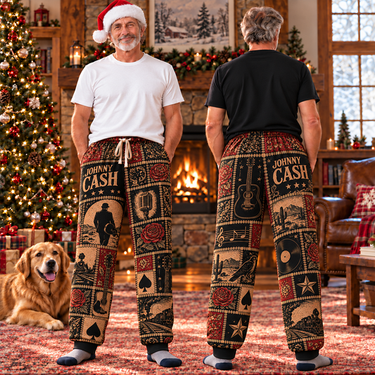 Johnny Cash Pajama Pants - Patchwork Country Rock Art Sleepwear | Comfortable Music Fan Lounge Pants