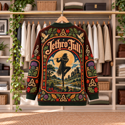 Jethro Tull Patchwork Cardigan - Casual Oversized Button Sweater, Flute Stonehenge Folk Rock Music Fan Gift
