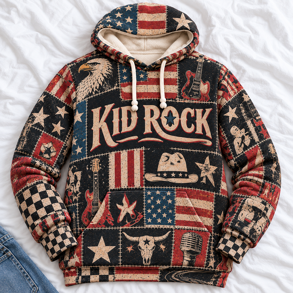 Kid Rock Patchwork Hoodie – Vintage American Rock Graphic Pullover, Patriotic USA Flag & Cowboy Design, Retro Country Rock Fan Gift, Unisex Sweatshirt