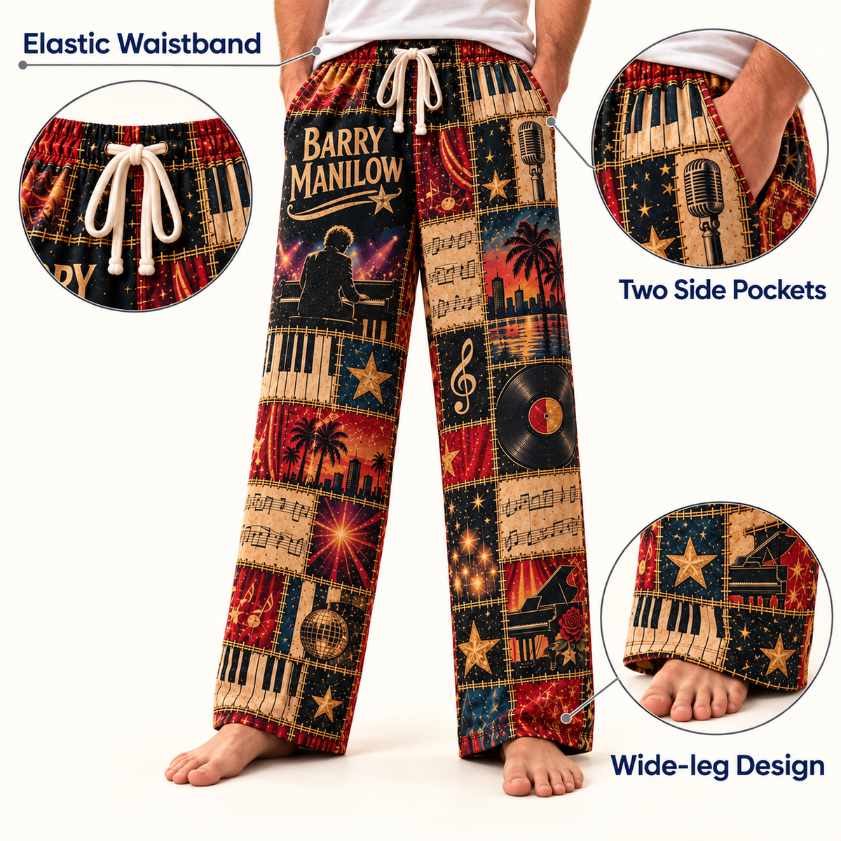 Barry Manilow Pajama Pants - Patchwork Music Art Sleepwear | Comfortable Fan Lounge Pants