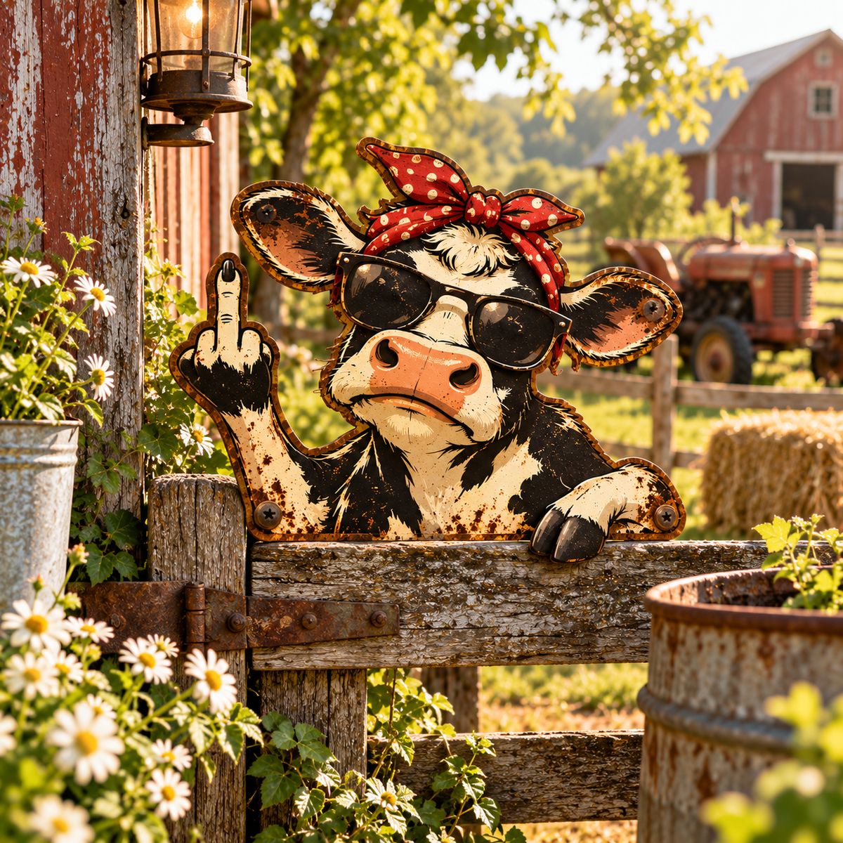 Funny Cow Fence Metal Sign, Rude Cow Yard Decor, Middle Finger Cow Sign, Farmhouse Garden Humor, Rustic Cow Lover Gift