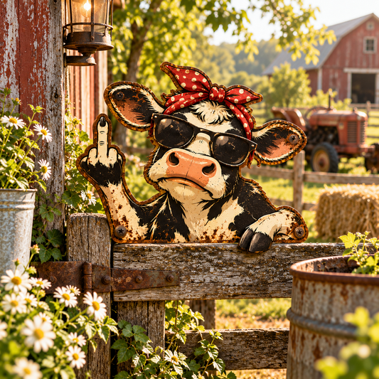 Funny Cow Fence Metal Sign, Rude Cow Yard Decor, Middle Finger Cow Sign, Farmhouse Garden Humor, Rustic Cow Lover Gift