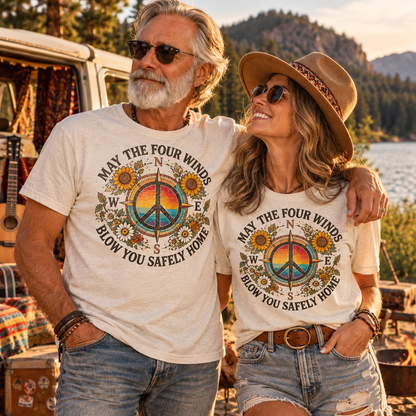 May the Four Winds Blow You Safely Home Shirt, Grateful Dead Inspired Compass Tee, Hippie Peace Sign Shirt, Boho Road Trip Gift
