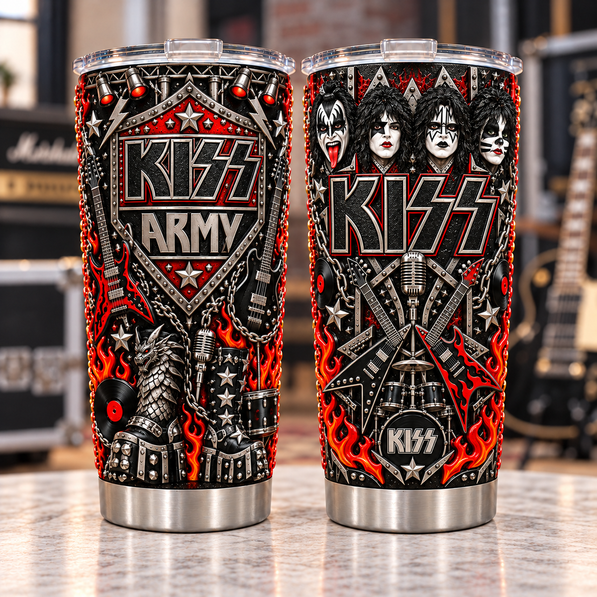 KISS 3D Printed Tumbler - 20oz Stainless Steel Insulated Travel Coffee Mug with Lid - Heavy Metal Hard Rock Band Music Merchandise Gift