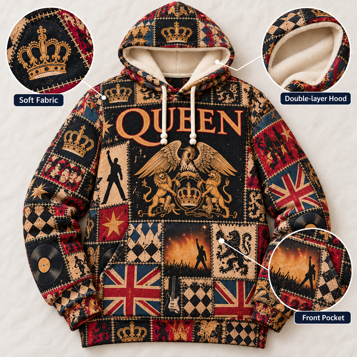 Queen Patchwork Hoodie – Vintage Freddie Mercury Graphic Pullover, Retro 70s 80s Classic Rock Sweatshirt, Bohemian Rhapsody Inspired Hoodie