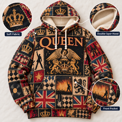 Queen Patchwork Hoodie – Vintage Freddie Mercury Graphic Pullover, Retro 70s 80s Classic Rock Sweatshirt, Bohemian Rhapsody Inspired Hoodie