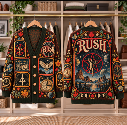 Rush Patchwork Knitted Cardigan - Casual Oversized Button Sweater, Starman Drum Kit Prog Rock Music Fan Gift