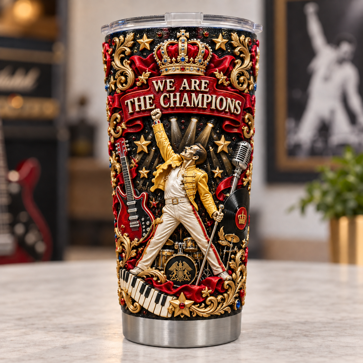 Queen 3D Printed Tumbler - 20oz Stainless Steel Insulated Travel Coffee Mug with Lid - Classic Rock Band Music Merchandise Gift