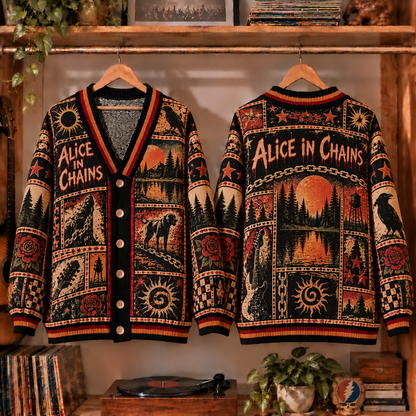 Alice in Chains Retro Graphic Cardigan - Vintage Rock Band Knit Outerwear, Alternative Music Fan Apparel & Fashion Style Gift