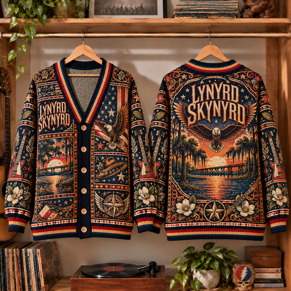 Lynyrd Skynyrd Retro Rock Knit Cardigan - Vintage Style Classic Rock Button Down Sweater, Unique Sweet Home Alabama Merchandise Fan Outfit