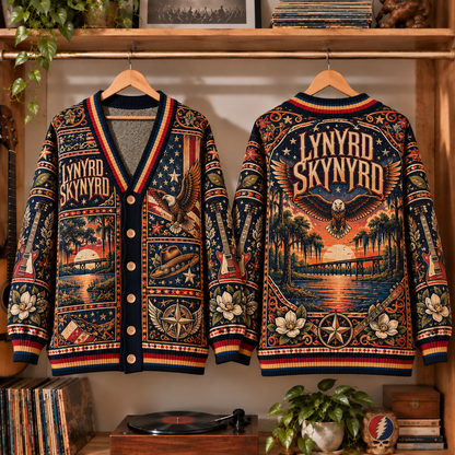 Lynyrd Skynyrd Retro Rock Knit Cardigan - Vintage Style Classic Rock Button Down Sweater, Unique Sweet Home Alabama Merchandise Fan Outfit