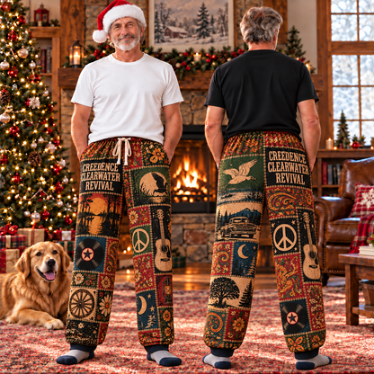 Creedence Clearwater Revival  Pajama Pants - Vintage Patchwork Bayou & Peace Art, Drawstring Waist | Rock Sleepwear
