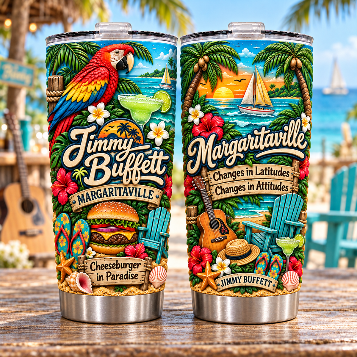 Jimmy Buffett 3D Printed Tumbler - 20oz Stainless Steel Insulated Travel Coffee Mug with Lid - Margaritaville Trop Rock Merchandise Gift