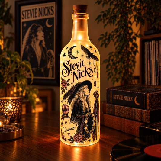 Stevie Nicks Vintage Lighted Bottle Lamp - Premium Classic Rock Merchandise, Crystal Ball & Dreams LED Fairy Light Up Bottle Night Light Decor Gift