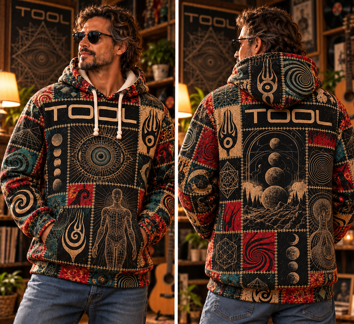Tool Patchwork Hoodie – Vintage Progressive Metal Graphic Pullover, Lateralus & Sacred Geometry Inspired Design