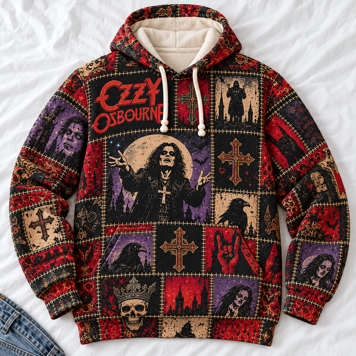 Ozzy Osbourne Patchwork Hoodie – Vintage Prince of Darkness Graphic Pullover, Retro Heavy Metal Sweatshirt, Black Sabbath Legend Fan Gift, Unisex Gothic Rock Hoodie