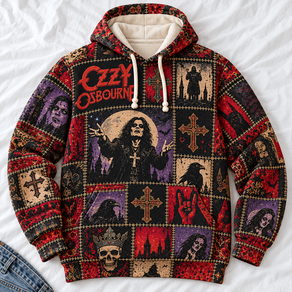 Ozzy Osbourne Patchwork Hoodie – Vintage Prince of Darkness Graphic Pullover, Retro Heavy Metal Sweatshirt, Black Sabbath Legend Fan Gift, Unisex Gothic Rock Hoodie