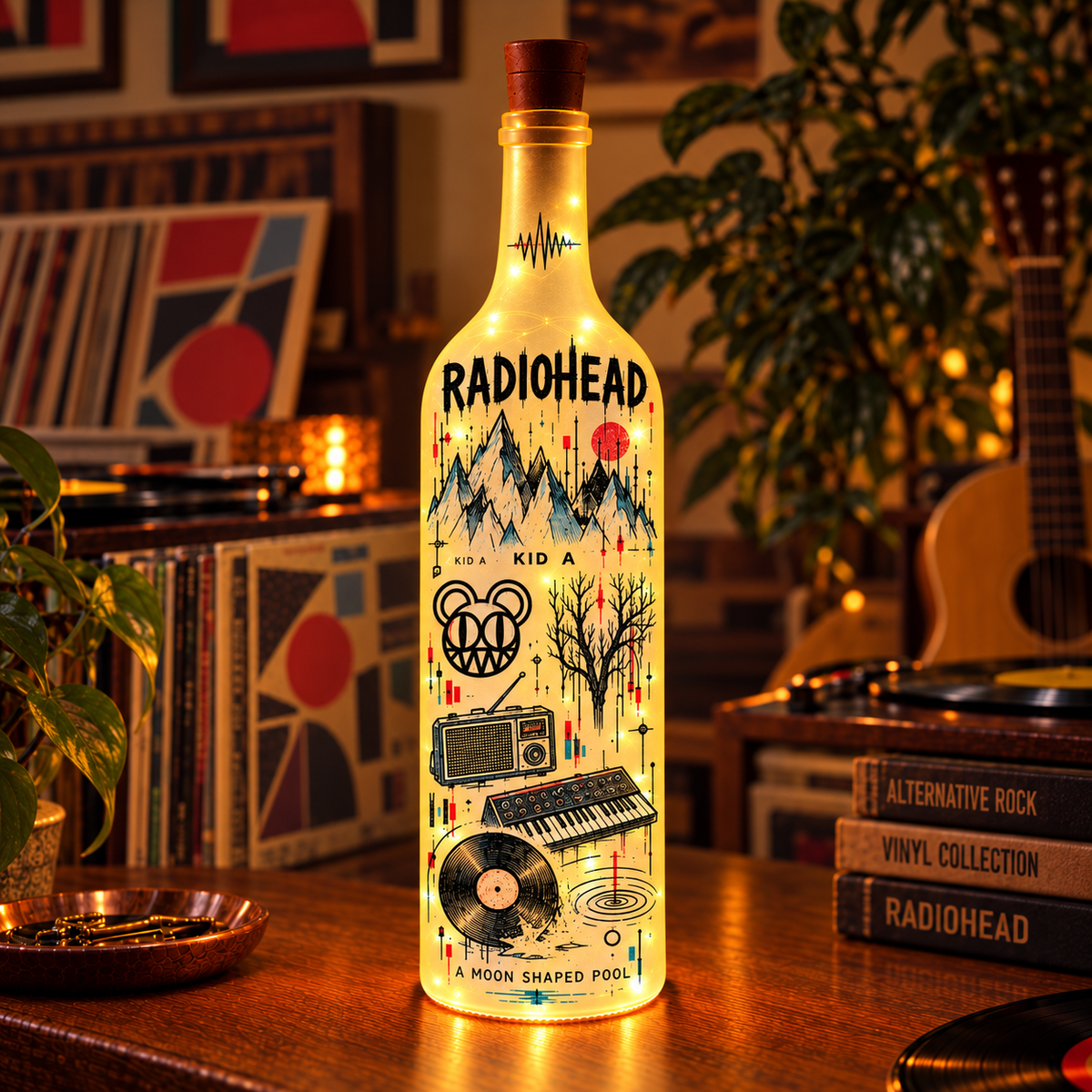Radiohead Vintage Lighted Bottle Lamp - Premium Alternative Rock Music Merchandise, Modified Bear & OK Computer LED Fairy Light Up Bottle Night Light