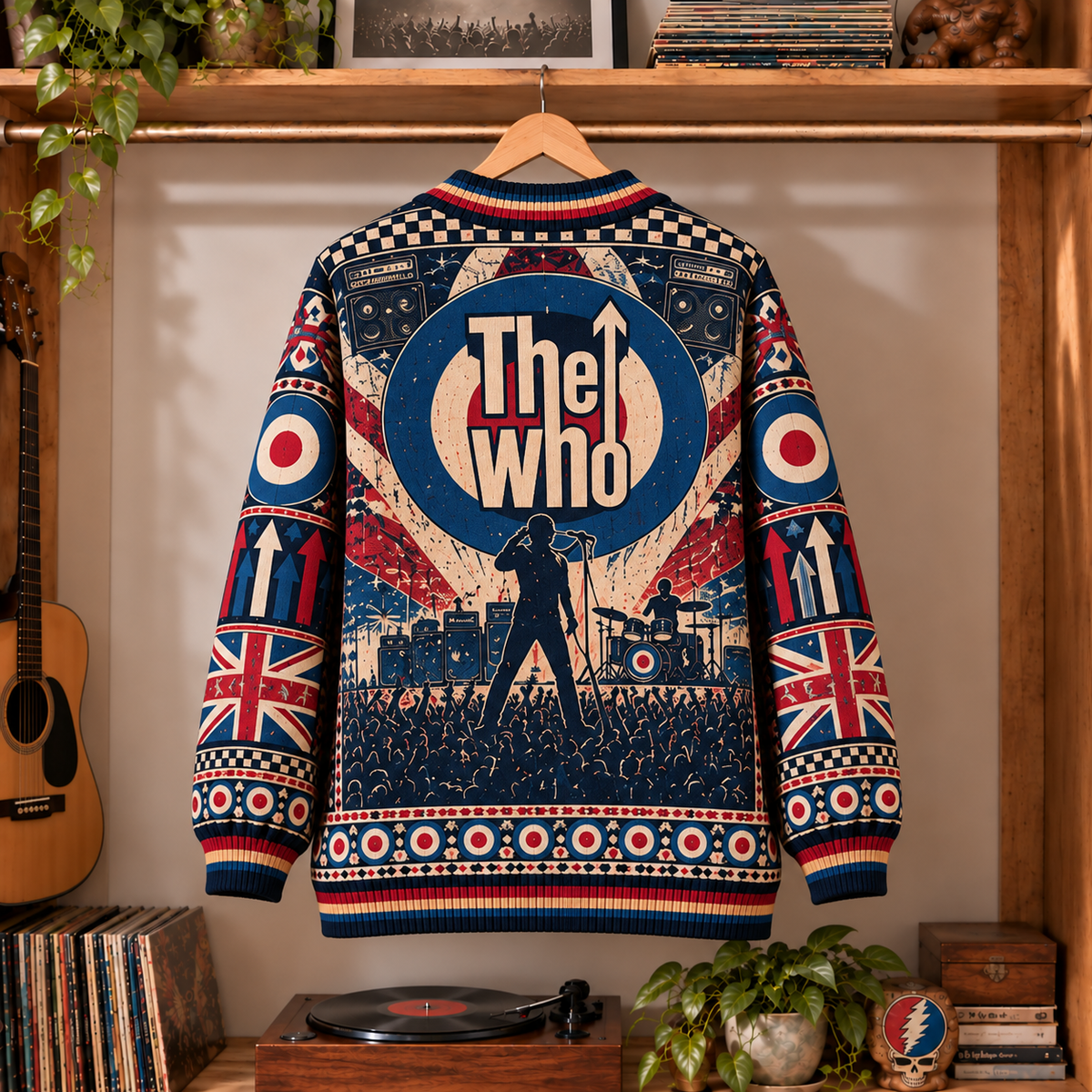The Who Retro Rock Knit Cardigan - Vintage Style British Invasion Button Down Sweater, Unique Mod Target Scooter Band Merchandise Fan Outfit